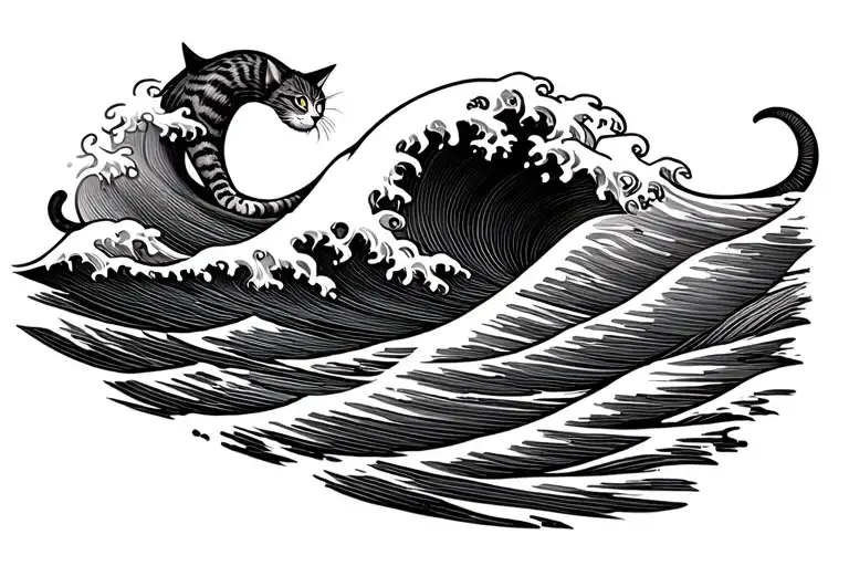 A Line Of A Wave With A Cat Playing Or Walking On The Top The Waves In Line Art Style