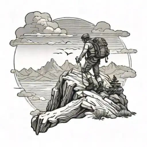 A Black-grey Tattoo Of A Hiker Climbing A Mountain With A Mesmerizing Ocean View From The Top
