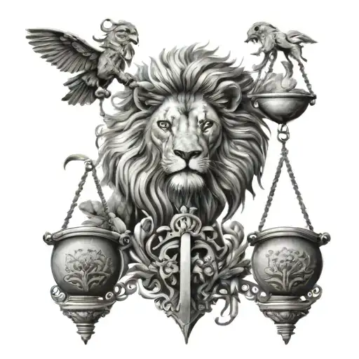 Lion Head And Justice Scales With Life Tree Emerging