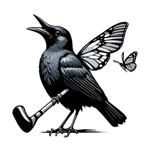 Great Tailed Grackle Holding A Golf Club With Butterfly On Club