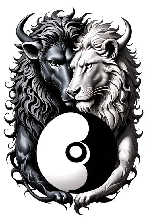 Bull And Lion Embrace Couple Yin And Yang