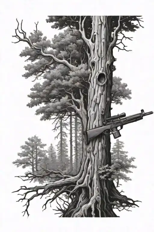 Nature Forest Main Tree With Rifle Leaning Up Against Tree