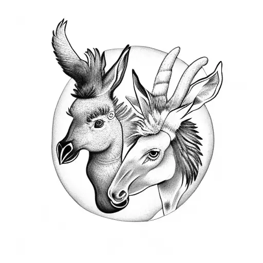 A Black And White Tattoo Design Depicting A Rooster And A Donkey Cuddling Beneath A Moonlight