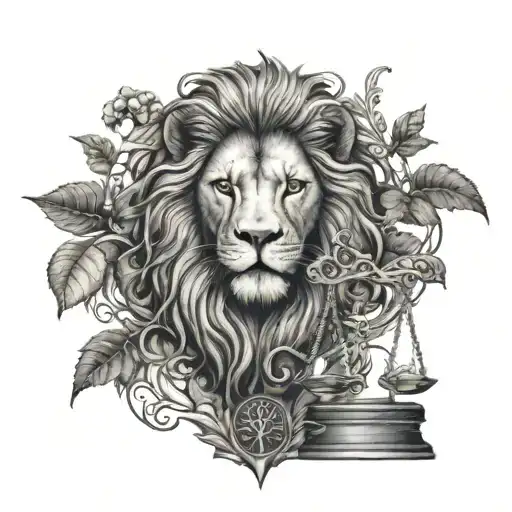 Lion Head And Justice Scales With Life Tree Emerging