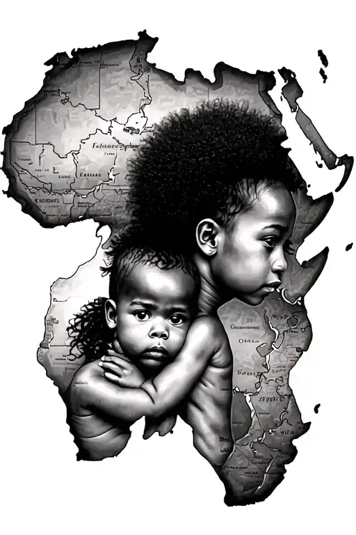 African Woman With A Baby Boy With Afro On Her Back Inside Of A Map Of Africa