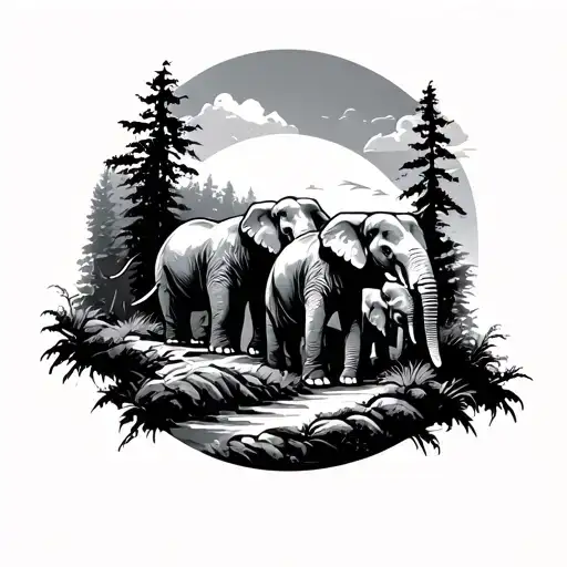 4 Elephants Walking Up Forest Path