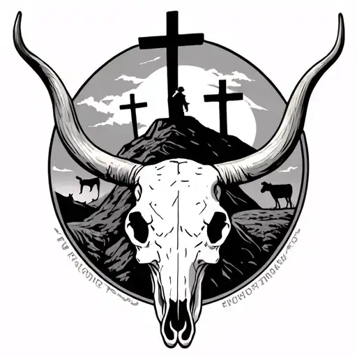 Cow Skull With Longhorns And A Cowboy Looking At Three Crosses On A Hill And Cows Inside It