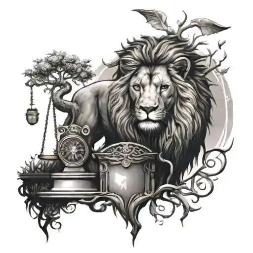 Lion Head And Justice Scales With Life Tree Emerging