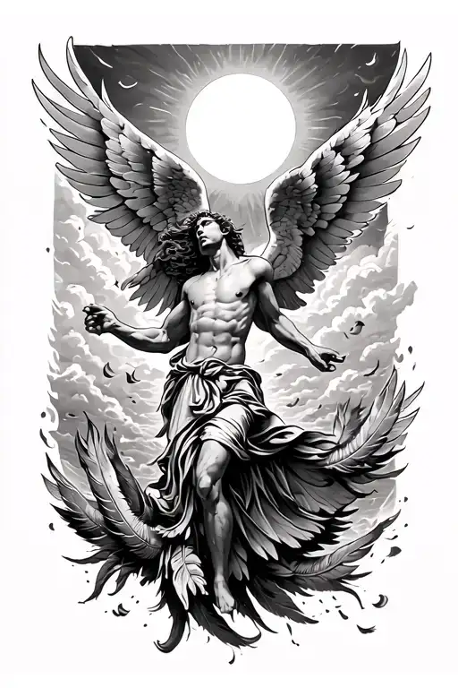 Icarus Falling With Sun Above And Feathers Falling