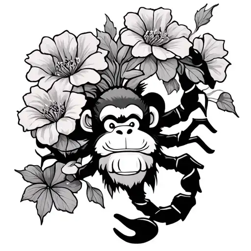 Chinese Zodiac Monkey Symbol Integrated With Scorpio Symbol Surrounded By Geraniums Flowers