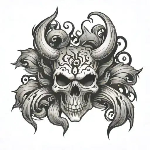 Skull With Flaming Heart Intertwined