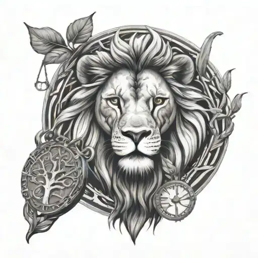Lion Head And Justice Scales With Life Tree Emerging