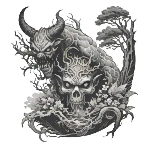 A Serene Nature Scene With A Hidden Demon Lurking In The Background