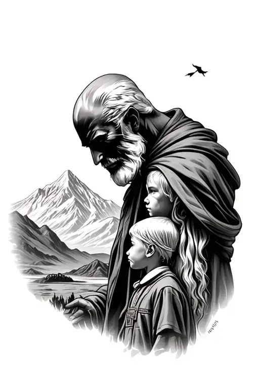 Papa Shadow And His Son In Front Of A Mountain Landscape