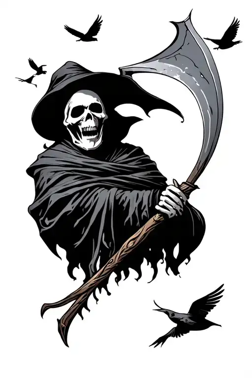 Grim Reaper With Scythe And Birds Flying Away