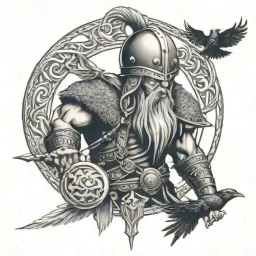 Viking Warrior With Eye Of Odin Background And Crows Flying
