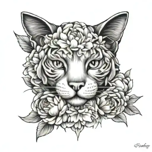 Cat Head And Peony Flowers