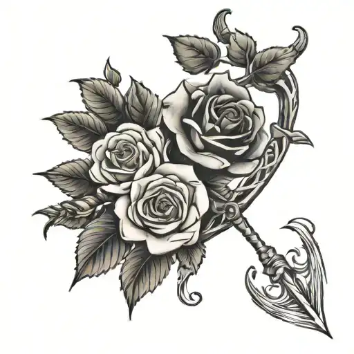 Tattoo Of A Bow And Arrow Covered In Ivy With A Rose And A Carnation