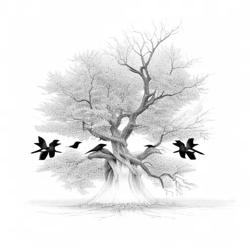 A Coffin Standing Up With A Tree Of Crows Inside The Open Coffin