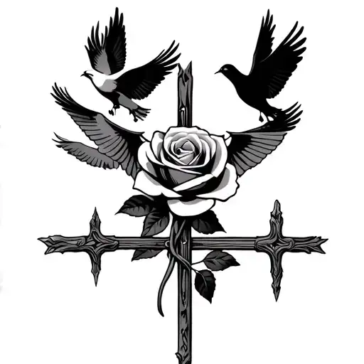 Forearm Tattoo With Three Crossed Where Jesus Was A Rose And Four Doves