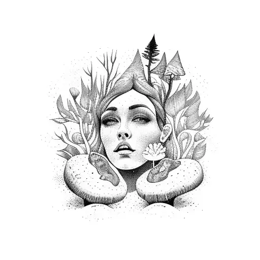 Mother Earth Forest Godess With Trees Flowers Mushrooms