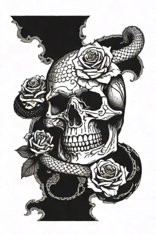 A Skull That Passes Through A Snake With Roses