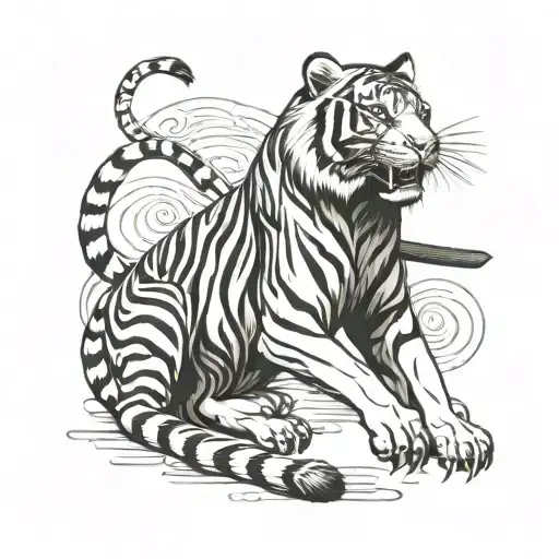 A Full-length Tiger With A Katana In Its Paws