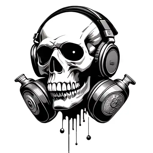 Skull With Respirator Wearing Headphones With Spray Cans Surrounding