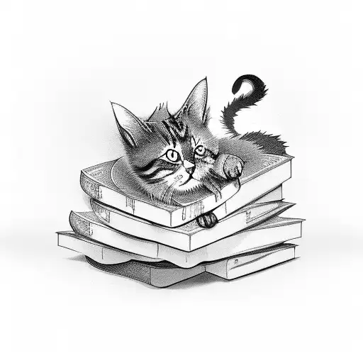 A Stack Of Books With A Cat Curled Up On Top