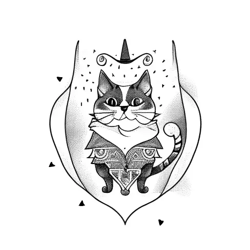 A Blackwork Tattoo Of A Cat Wearing A Witch Hat Surrounded By Hearts