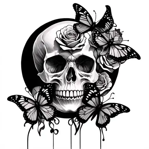Skull Roses Butterflies Intertwined