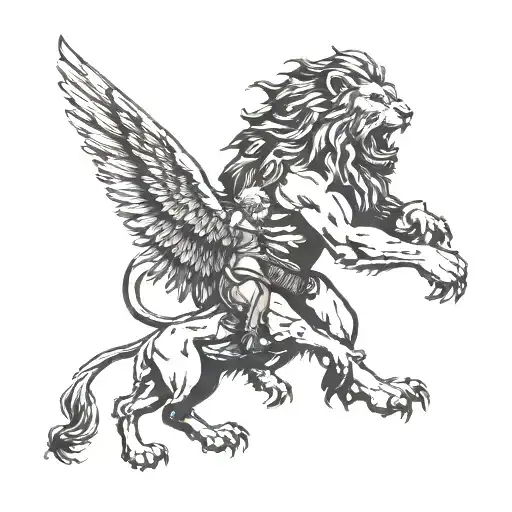 A Winged Lion Fighting A Werewolf With A Gun