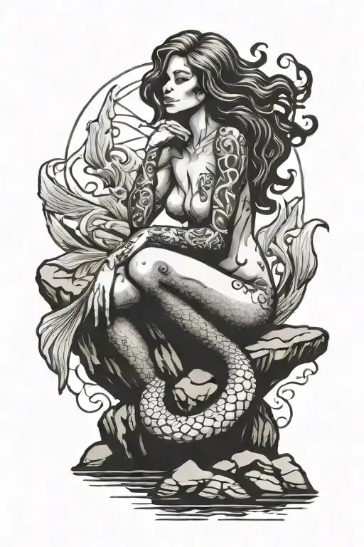 Nude Mermaid Sitting On Rock With Hands In Hair