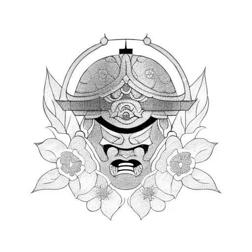 A Blackwork Tattoo Of A Samurai Helmet Adorned With Cherry Blossom Flowers And Leaves