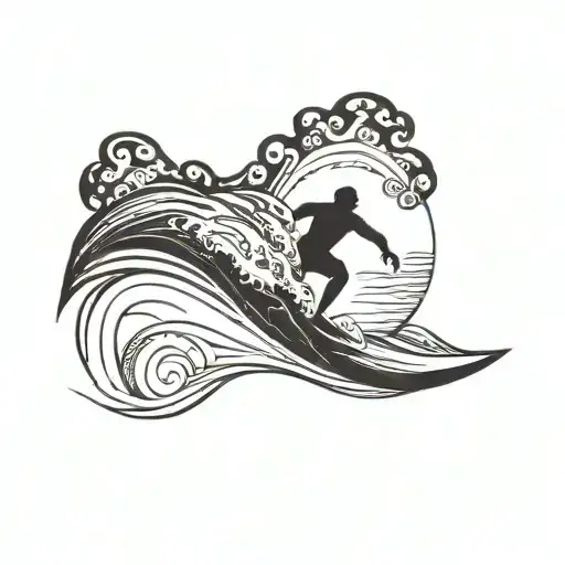 A Silhouette Of A Surfer Catching A Wave At Sunset