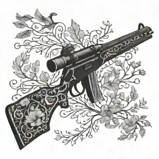 A Detailed Blackwork Tattoo Of A Hunting Rifle Surrounded By Intricate Wilderness Elements