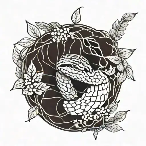 A Snake Coiled Around Laurel Leaves In A Circular Pattern