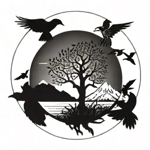 Tree Of Life In Circle With Mountains And Birds Flying