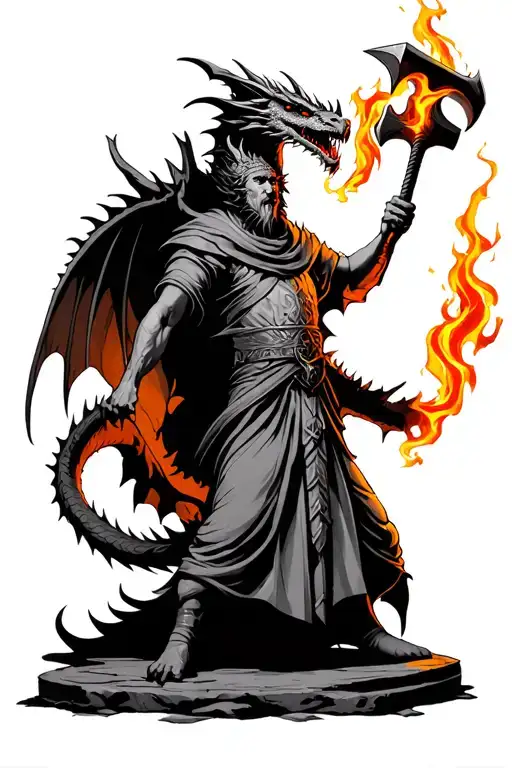 Cleric With A Hammer Fighting A Dragon Breathing Fire