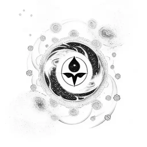 A Blackwork Tattoo Of A Swirling Galaxy With Anime Characters Floating In It