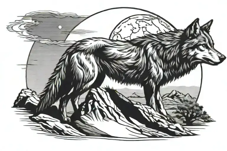 A Wolf Howling At The Moon In A Western Desert Landscape