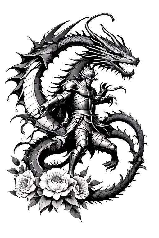 Knight Fighting A Dragon Surrounded By Flowers