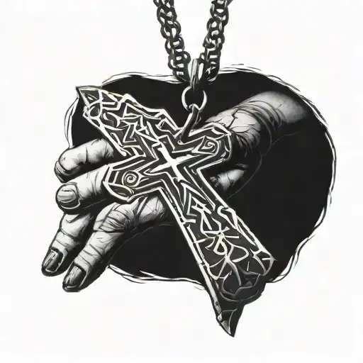 Psycho Gothic Punk Lighting Striking Down On A Cross Necklace Being Held Together By Hands Praying