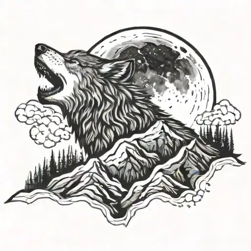 A Majestic Mountain Range With A Lone Wolf Howling At The Moon