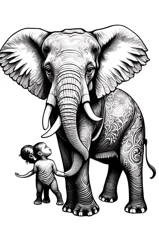 Elephant With Two Kids Fine Line