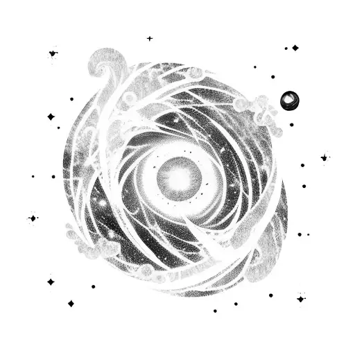 A Blackwork Tattoo Of A Swirling Galaxy With Anime Characters Floating In It