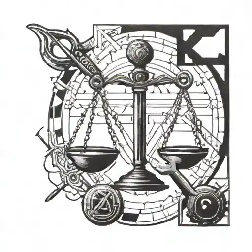 A Detailed Blackwork Tattoo Of A Libra Zodiac Symbol Intertwined With Construction Tools