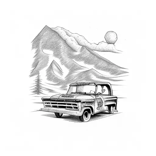 A Sketch-style Illustration Of A Pickup Truck Parked In Front Of A Majestic Mountain Landscape