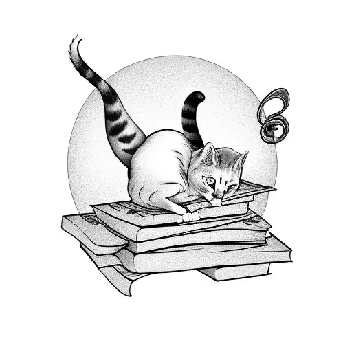 A Cat Curled Up On A Stack Of Books With Musical Notes Floating Around