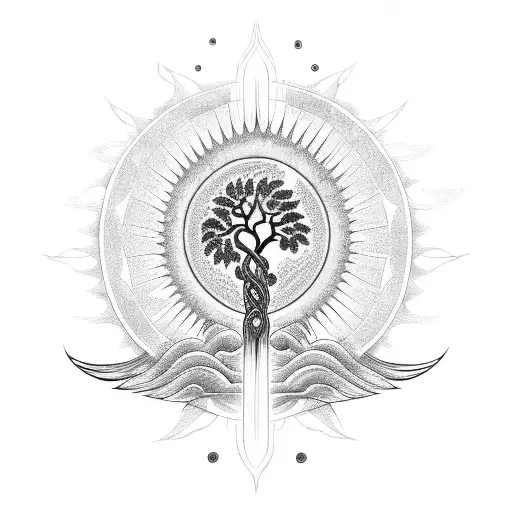 Caduceus With Tree And Sun And Halo